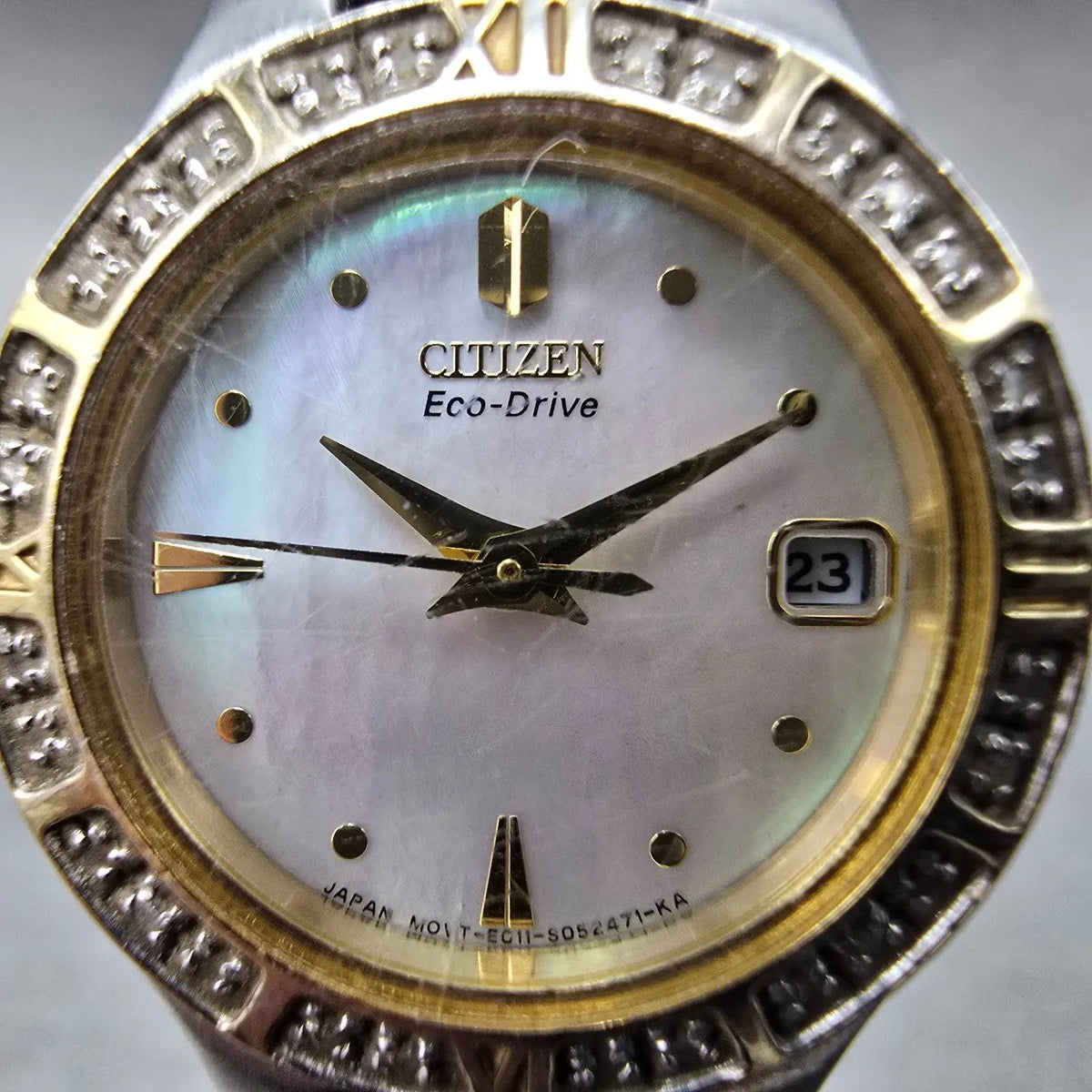 Citizen Eco-Drive Lucca Watch Women 25mm MOP Dial Two Tone Date Diamonds Runs JP1