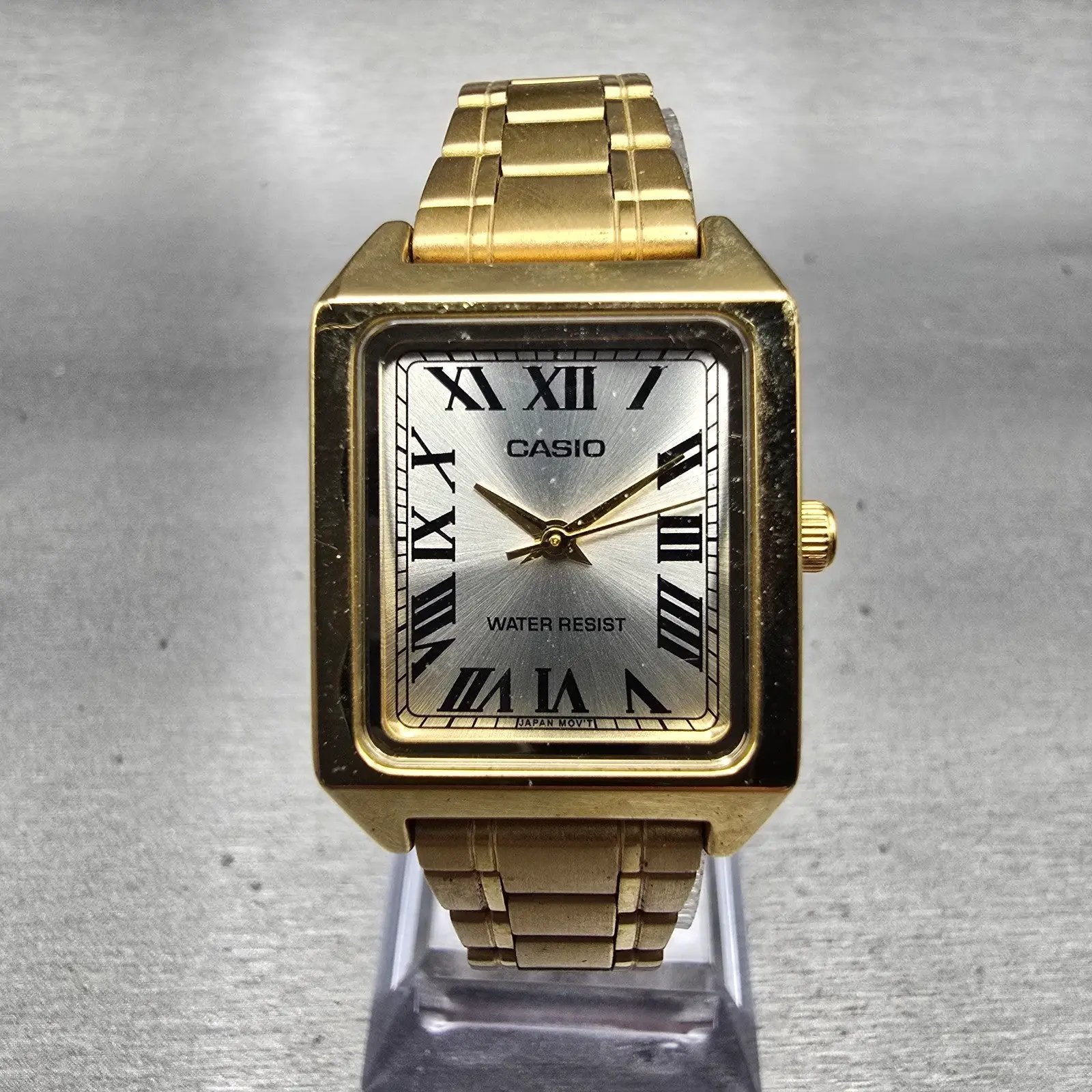 Casio Tank Watch Women 22mm Silver Dial Gold Tone Rectangle LTP-V007 New Battery0