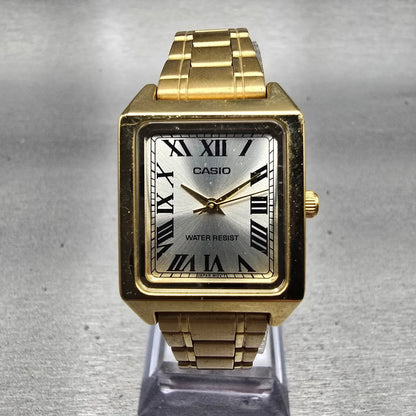 Casio Tank Watch Women 22mm Silver Dial Gold Tone Rectangle LTP-V007 New Battery0