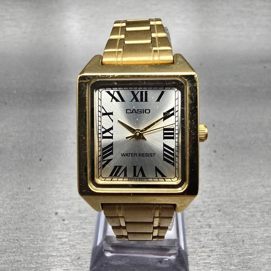 Casio Tank Watch Women 22mm Silver Dial Gold Tone Rectangle LTP-V007 New Battery0