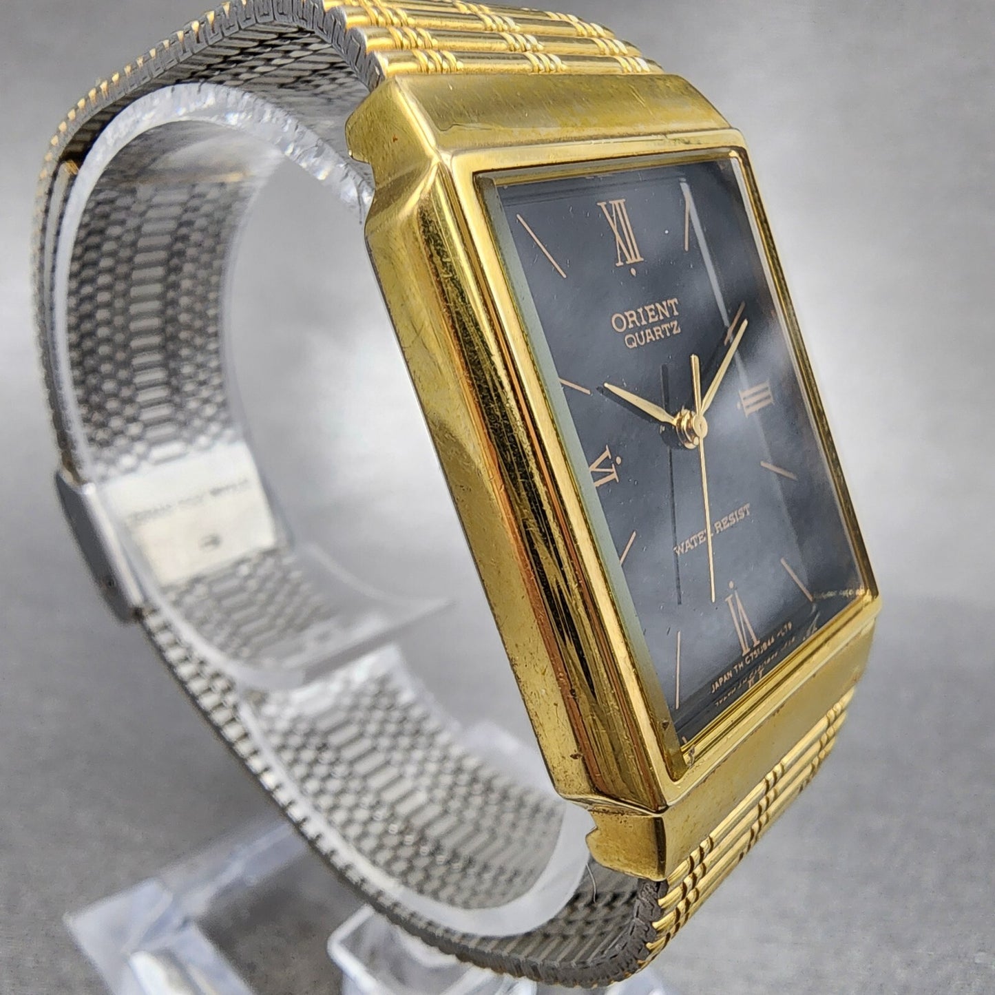 Orient Tank Watch Men 26mm Black Dial Gold Tone Rectangle New Battery VTG3
