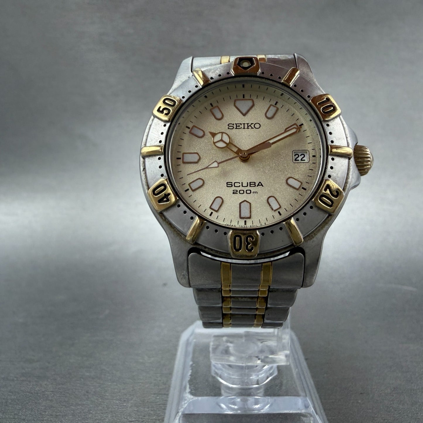 Seiko Scuba Watch Men 36mm Champagne Dial Two Tone Date 7N35-6010 New Battery5