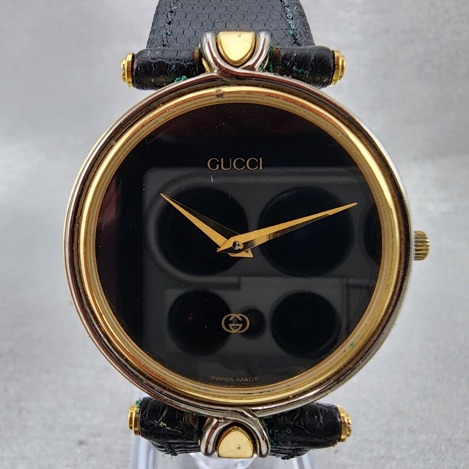 Gucci 4500m Watch Men 32mm Black Dial Gold Plated Round Leather Band New Battery1
