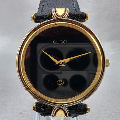 Gucci 4500m Watch Men 32mm Black Dial Gold Plated Round Leather Band New Battery1