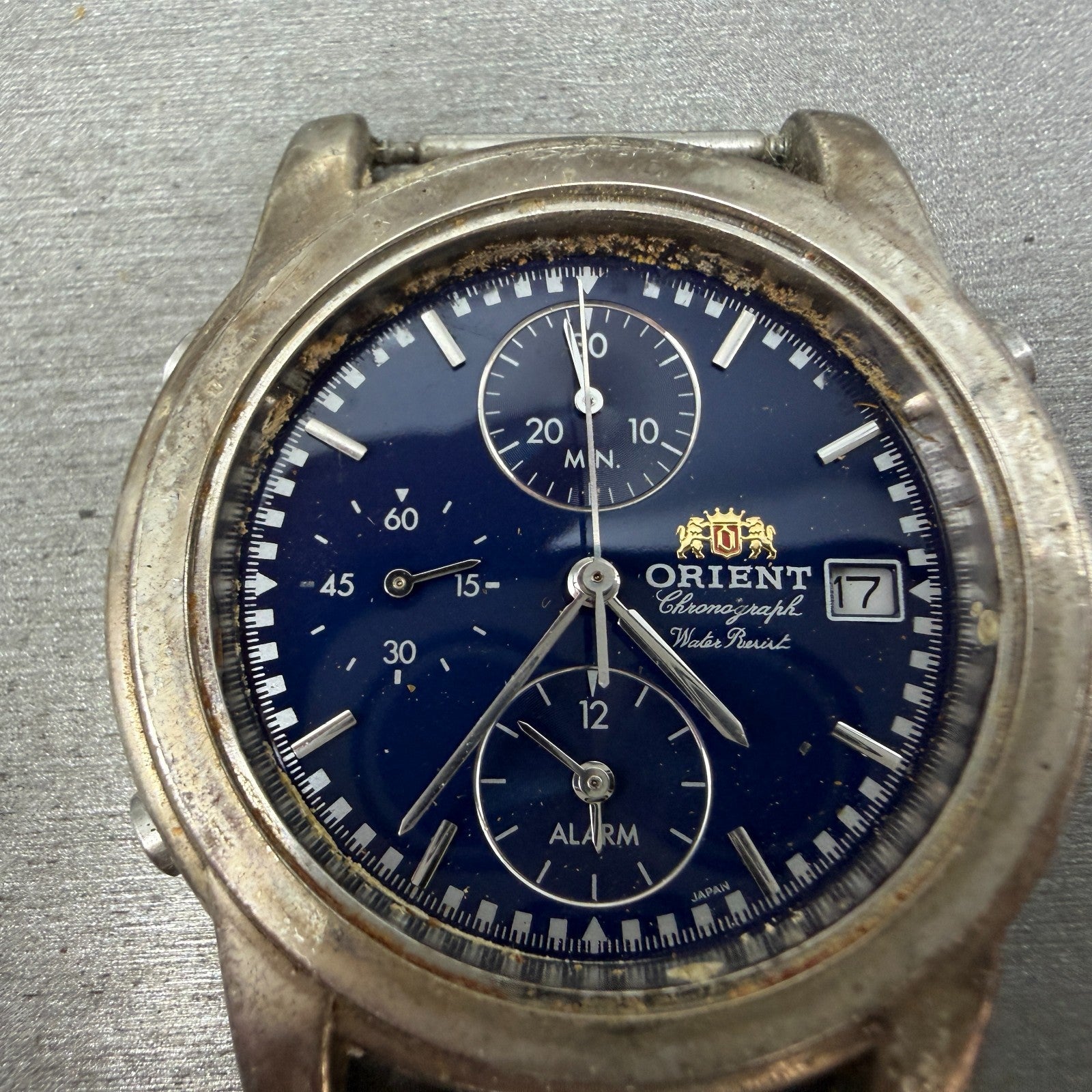 Orient Chronograph Watch Men 37mm Blue Dial Silver Tone Alarm TA0A-000 PARTS2