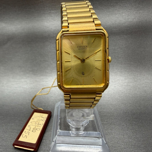 Citizen Tank Watch Men 24mm Gold Dial Gold Tone Rectangle 3620364365 NOS PARTS0