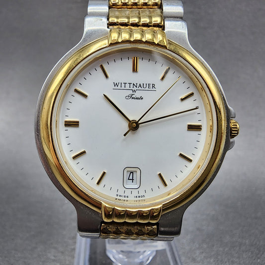 Wittnauer Trieste Watch Men 34m White Dial Two Tone Date Round New Battery