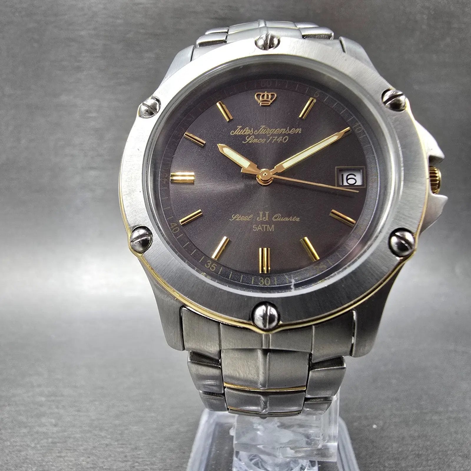 Jules Jurgensen Watch Men 38mm Gray Dial Two Tone Date Round 7635 New Battery5