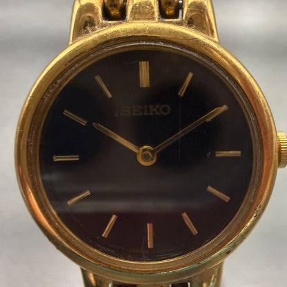 Seiko Watch Women 24mm Black Dial Gold Tone Round V700-6389 New Battery1