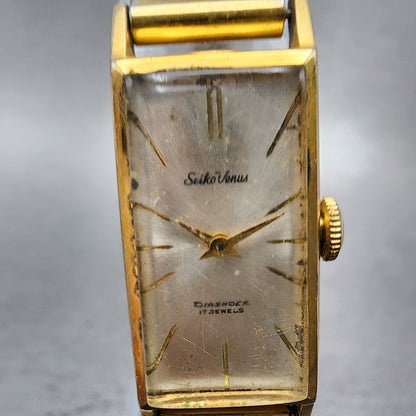 Seiko Venus Tank Watch Women 15mm Silver Dial Gold Tone 5514 Manual Runs1