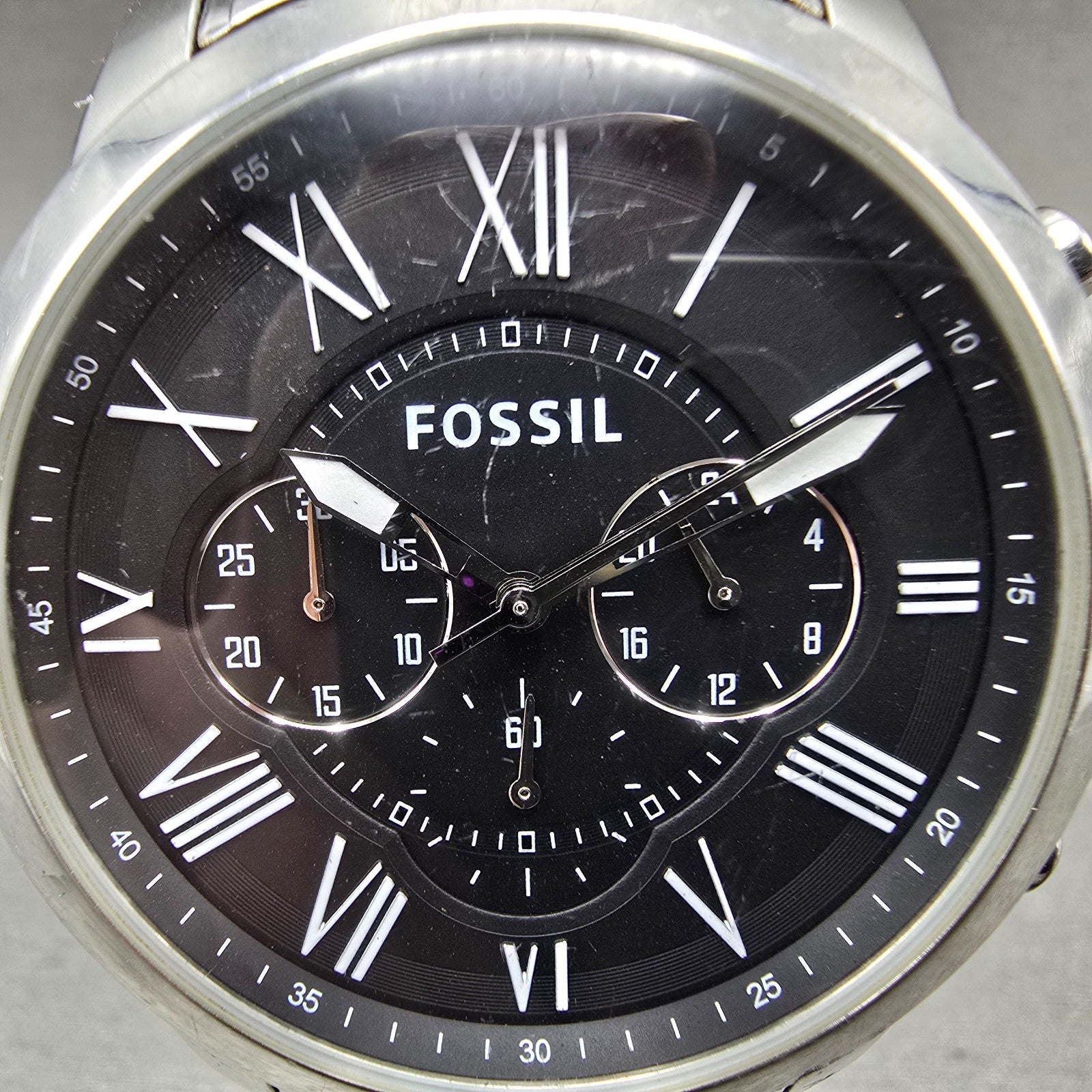 Fossil Grant Chronograph Watch Men 44mm Black Dial Silver Tone FS4736 NewBattery1