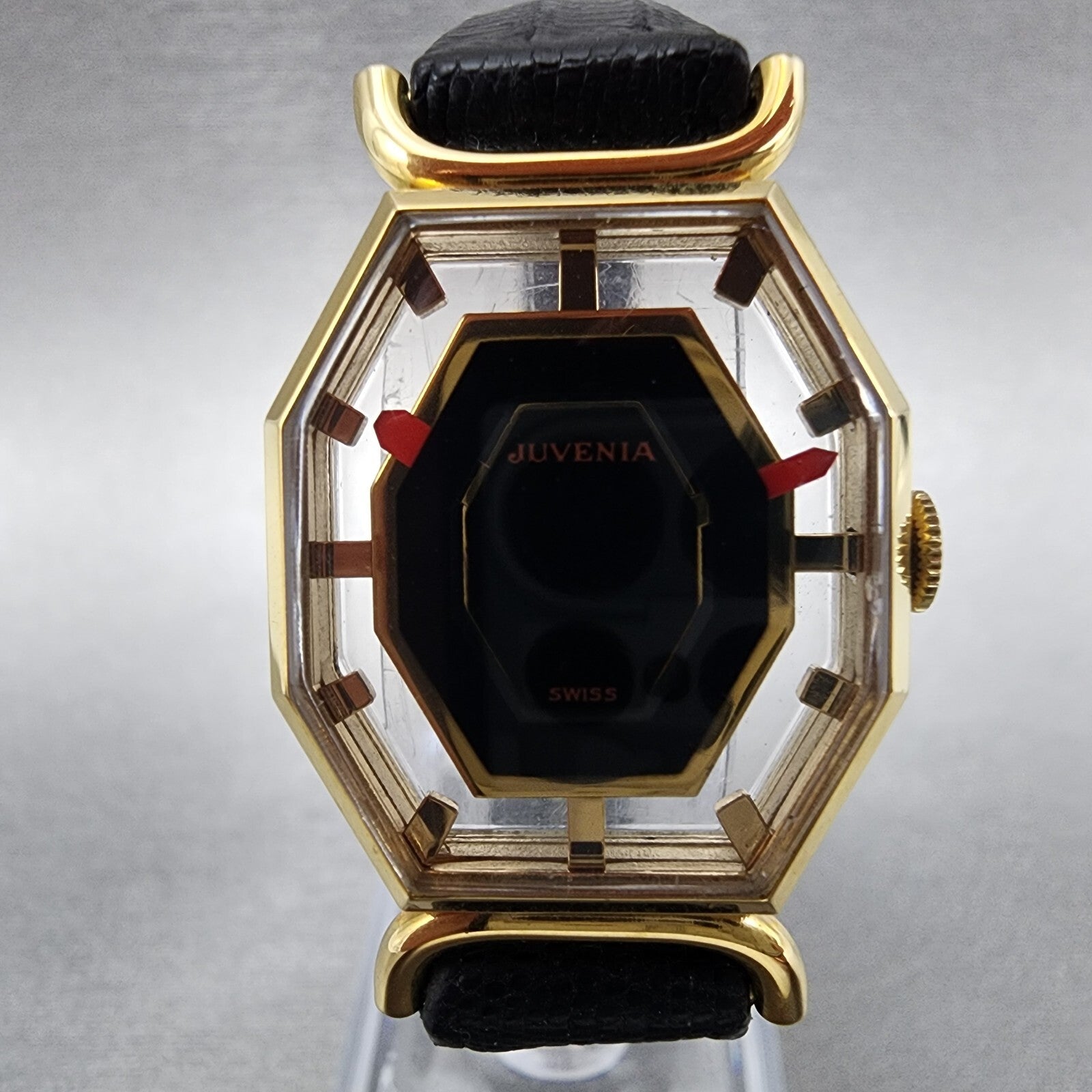 Juvenia Mystery Dial Watch Women 23mm Black Dial Gold Plated Octagon Manual Wind1