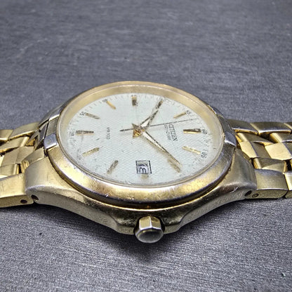 Citizen Eco-Drive Watch Men 38mm White Dial Gold Date READ!!!! E111E111-S0495213