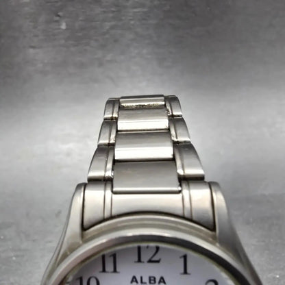 Seiko Alba Solar Watch Men 34mm White Dial Titanium Date V145-0AM0 Runs4