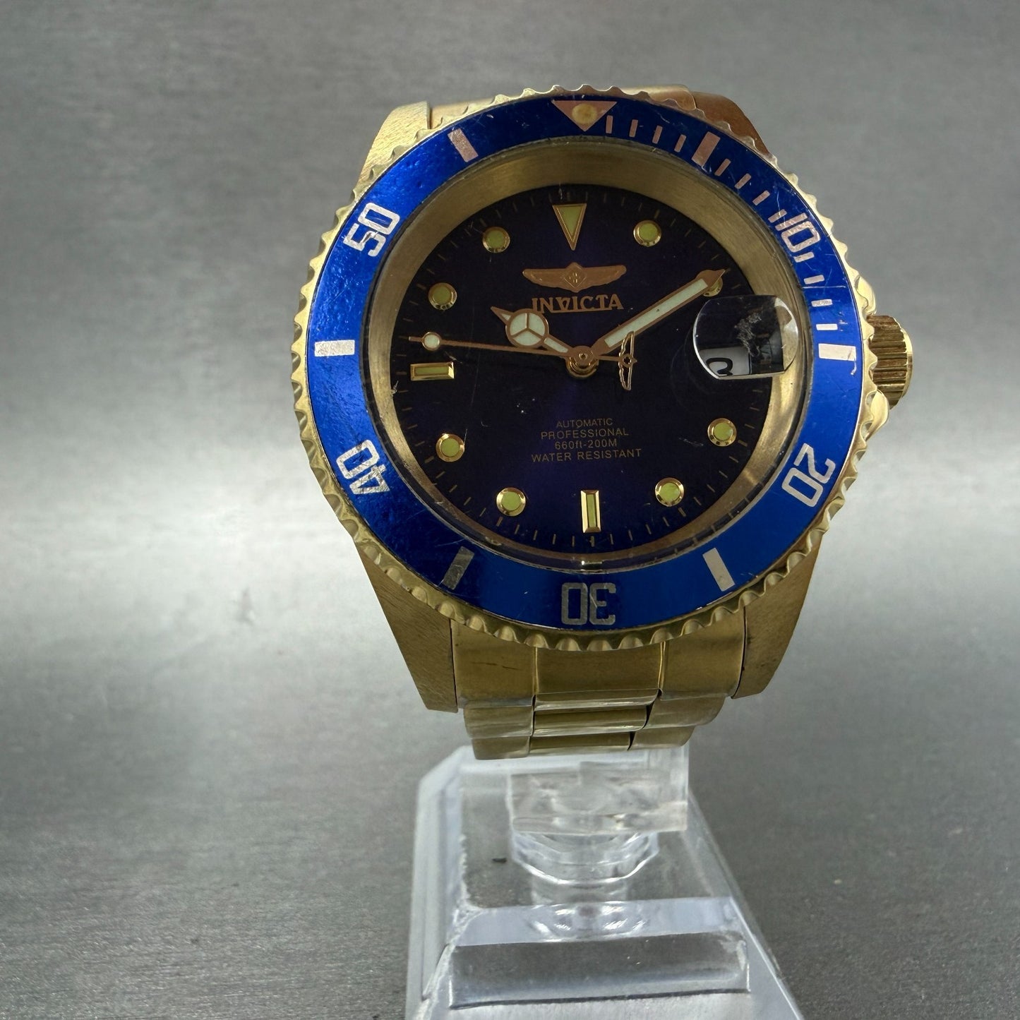Invicta Pro Diver Watch Men 40mm Blue Dial Gold Tone Date Automatic 89300B Runs5