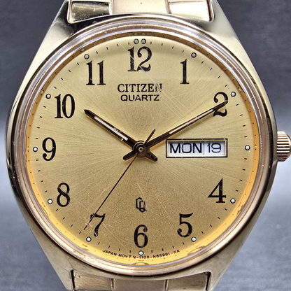 Citizen CQ Watch Men 35mm Gold Dial Gold Tone Daydate 1100-S63812 New Battery JL1