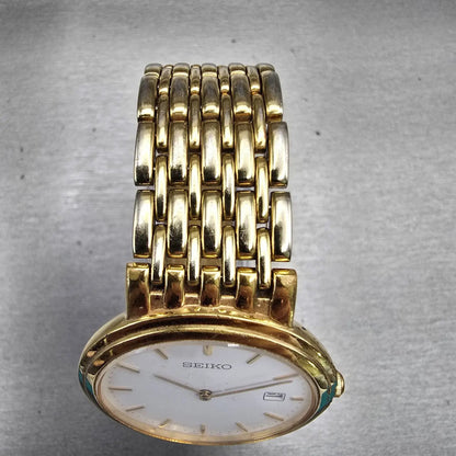 Seiko Watch Men 33mm White Dial Gold Tone Date Round V739-0A59 New Battery VTG4