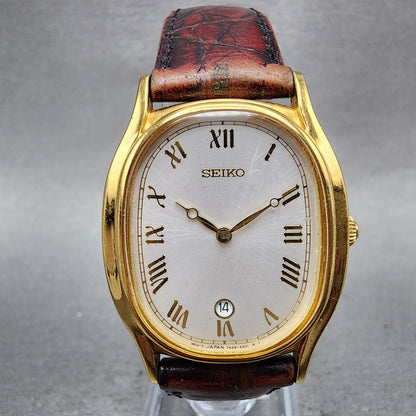 Seiko Tank Watch Men 29mm Silver Dial Gold Tone Date 7n295221 New Battery0