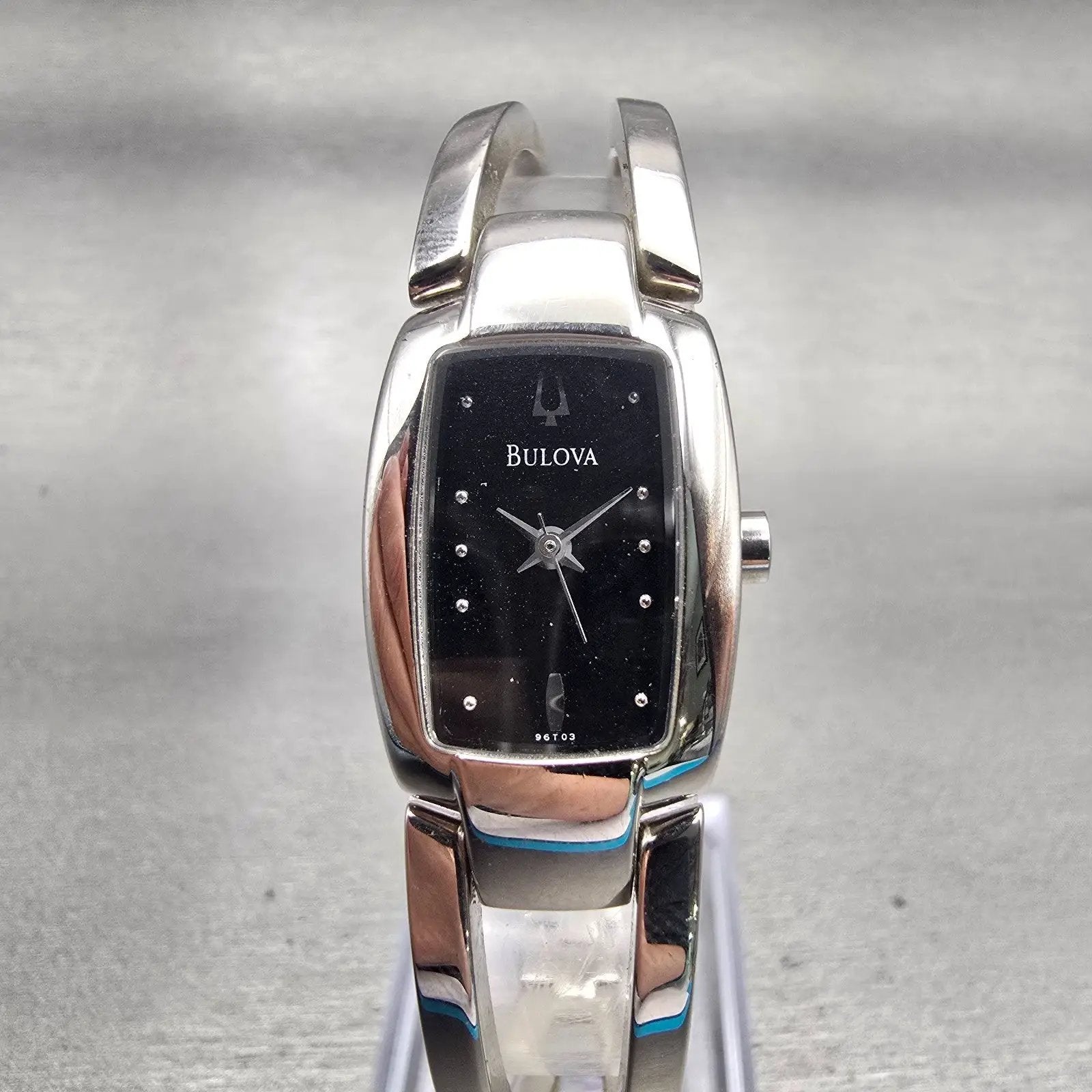 Bulova Watch Women 17mm Black Dial Silver Tone Rectangle 96T03 New Battery0