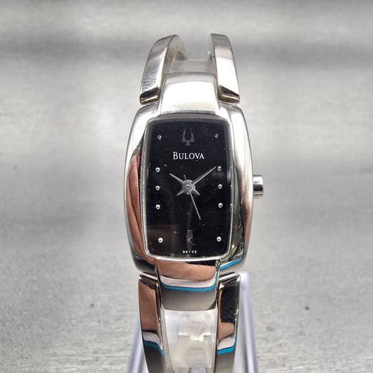 Bulova Watch Women 17mm Black Dial Silver Tone Rectangle 96T03 New Battery0
