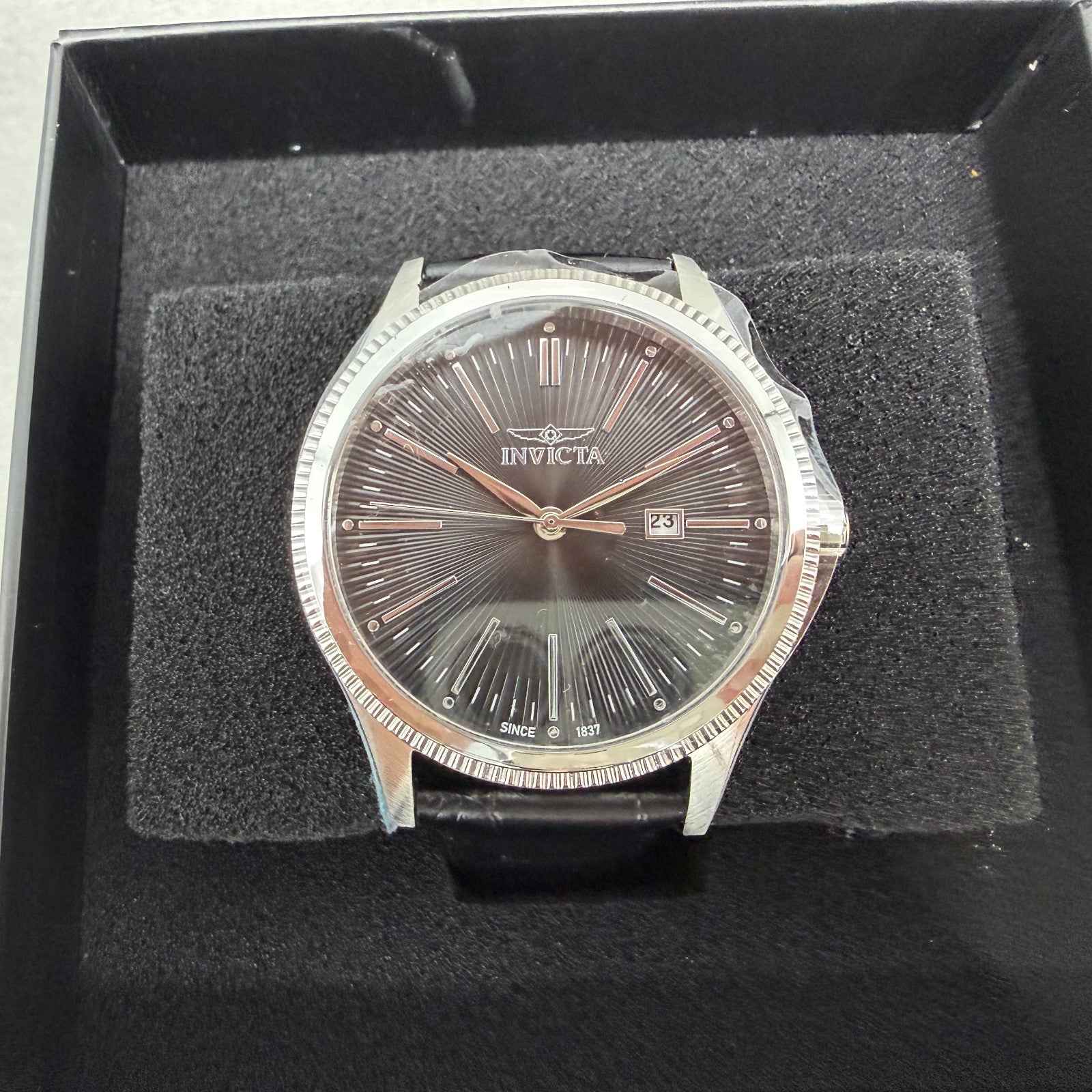 Invicta Celestial Watch Men 43mm Black Dial Silver Date Round Leather 478160