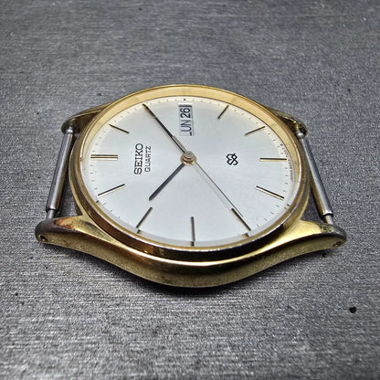 Seiko SQ Watch Men 32mm White Dial Gold Daydate Round 8223-7080 VTG PARTS5