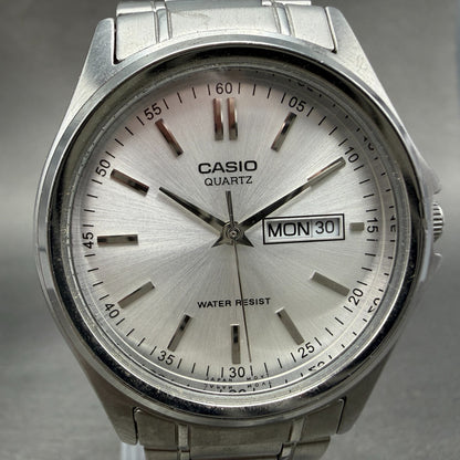 Casio Watch Men 37mm White Dial Silver Tone Round Daydate MTP-1239 New Battery A0