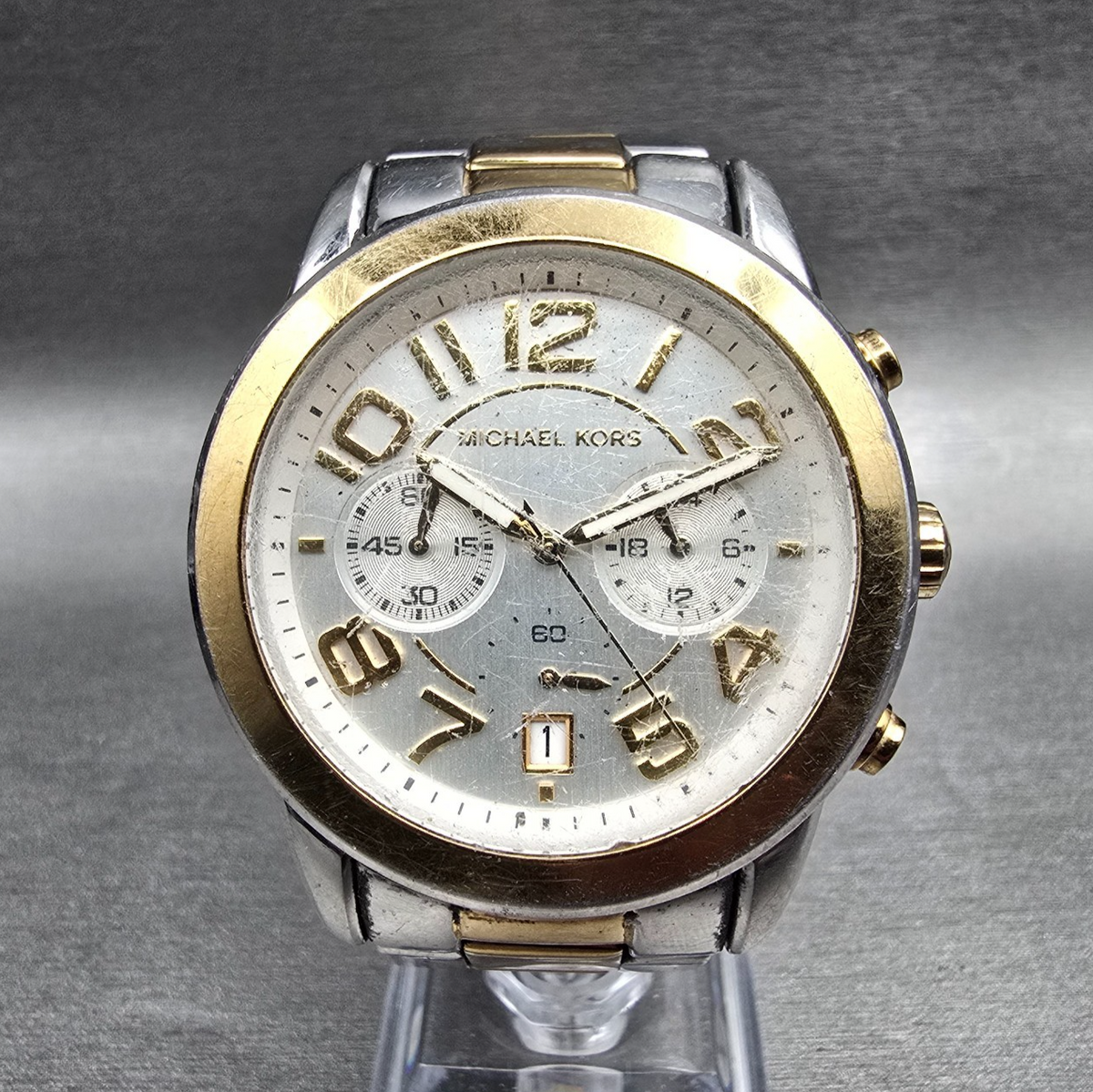 Michael Kors Mercer Chronograph Watch Women 41mm Silver Dial Two Tone New Batt0
