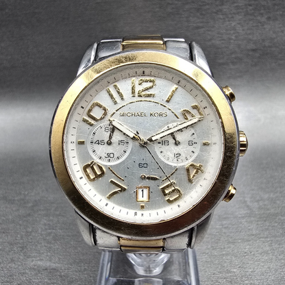Michael Kors Mercer Chronograph Watch Women 41mm Silver Dial Two Tone New Batt0