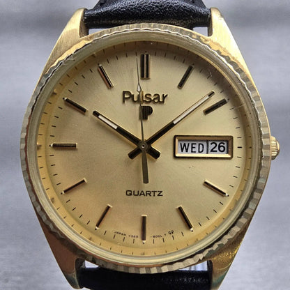 Seiko Pulsar President Watch Men 35mm Champagne Dial Gold Tone Daydate New Batt1