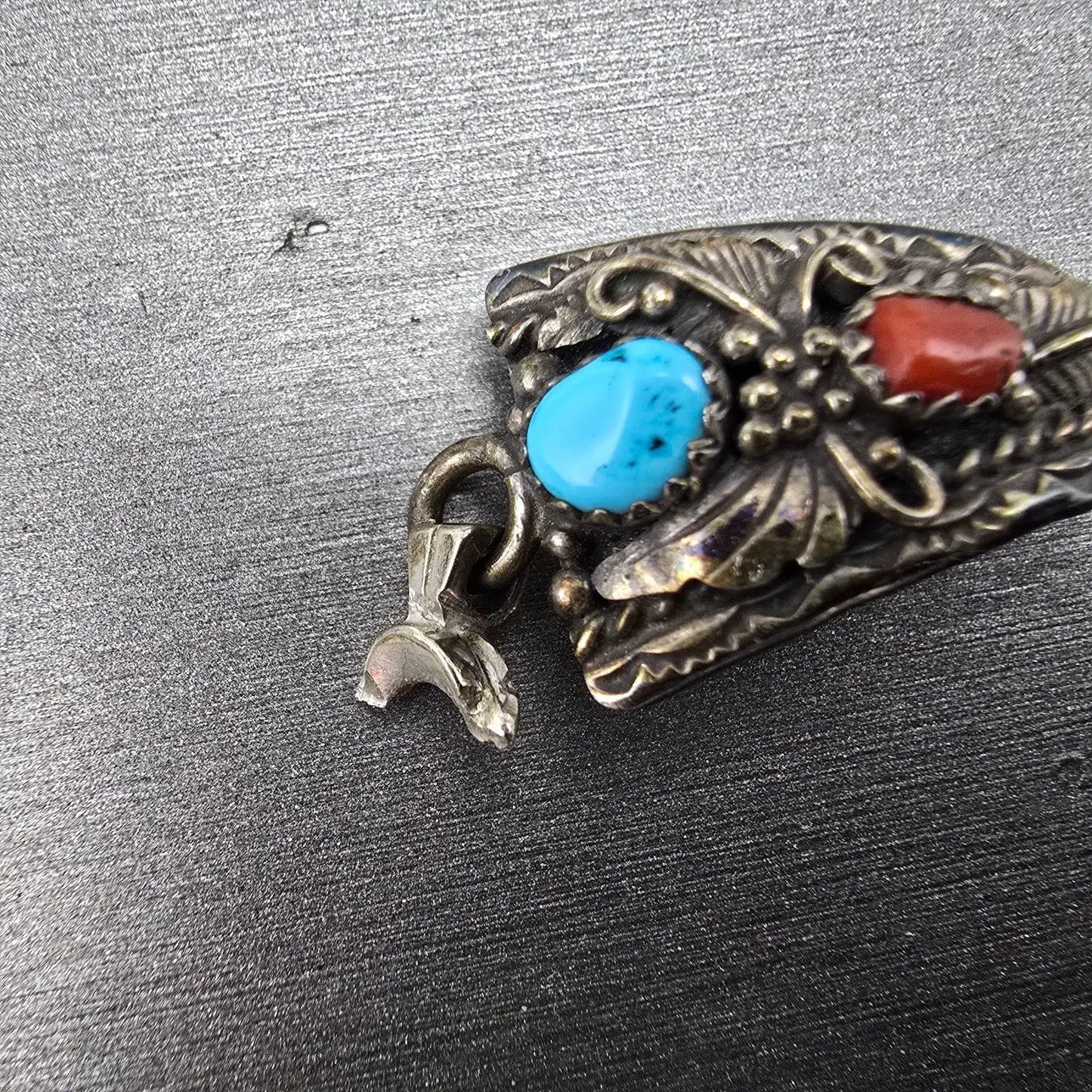 Navajo Sterling Silver Watch Band Tips 10mm Coral Turquoise Flower Design VTG1
