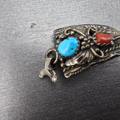 Navajo Sterling Silver Watch Band Tips 10mm Coral Turquoise Flower Design VTG1