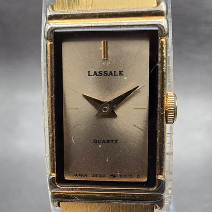 Seiko Lassale Watch Women 12mm Gold Dial Gold Tone Rectangle 2E50-5009 New Batt1