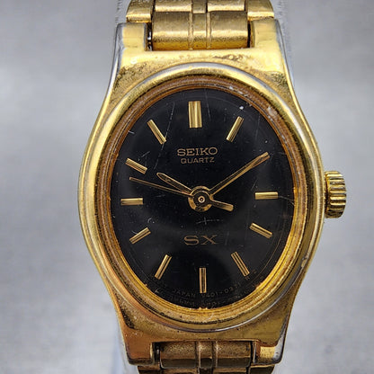 Seiko SX Watch Women 17mm Black Dial Gold Tone Oval V4015101 New Battery1