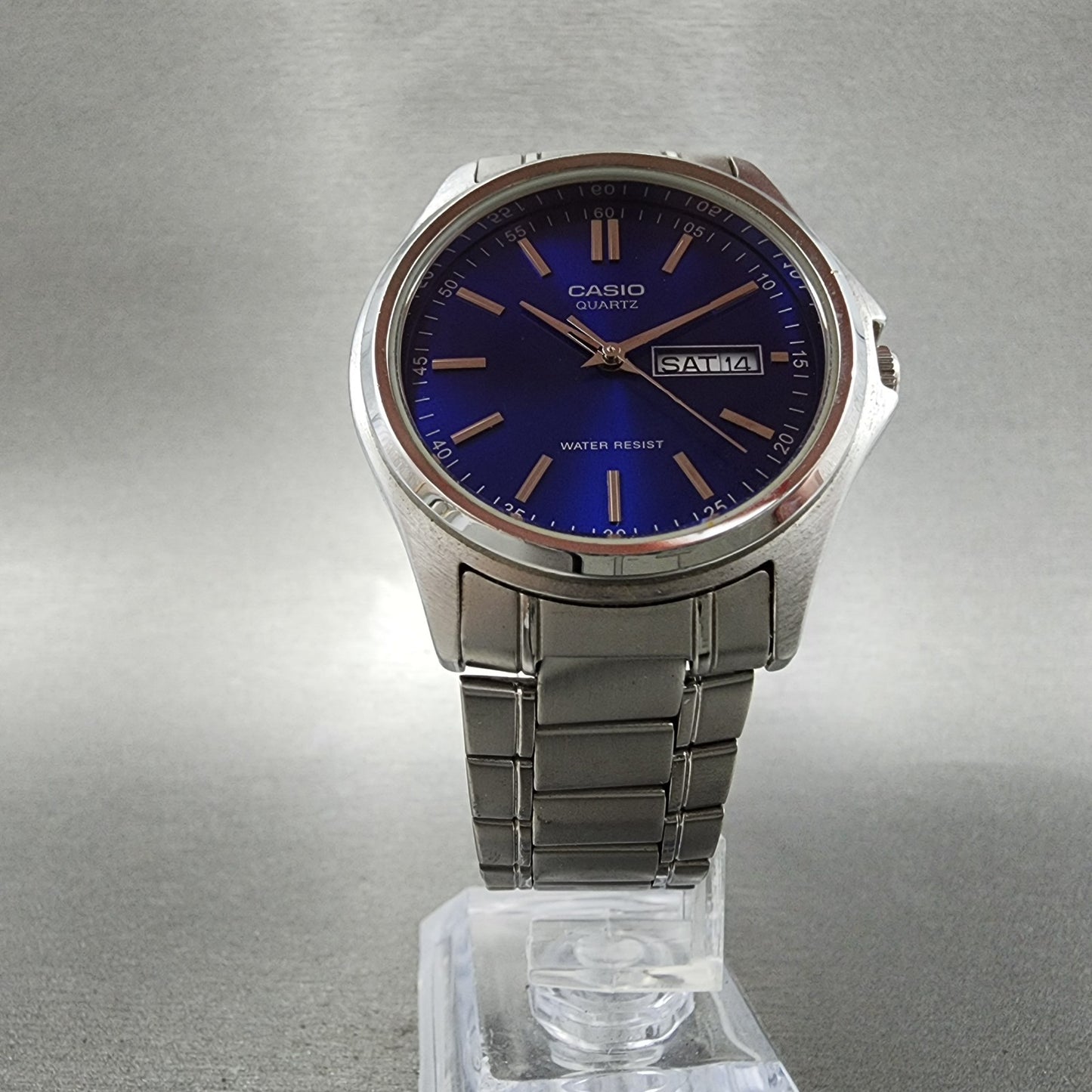 Casio Watch Men 37mm Blue Dial Silver Tone Daydate MTP1239DJ New Battery5