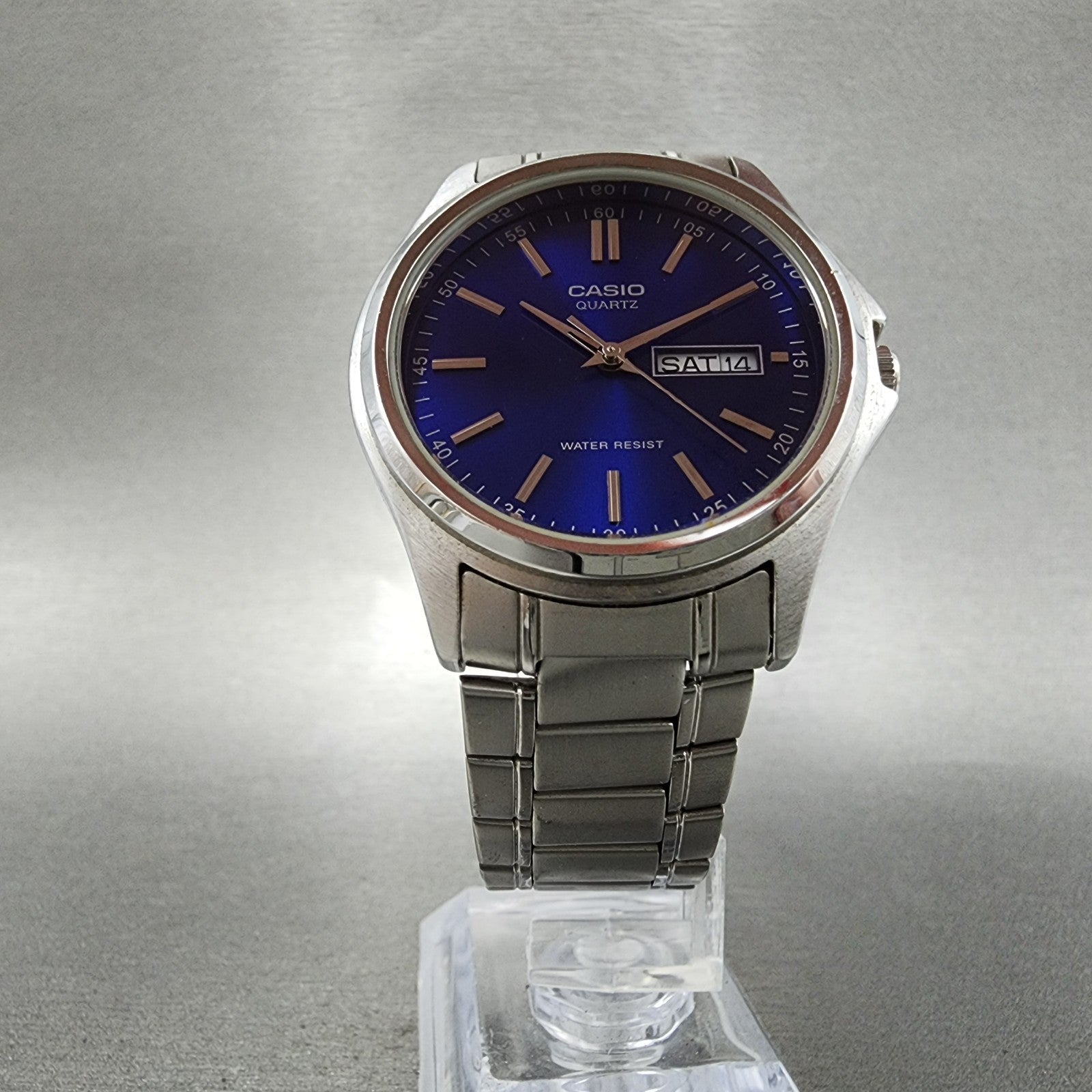 Casio Watch Men 37mm Blue Dial Silver Tone Daydate MTP1239DJ New Battery5