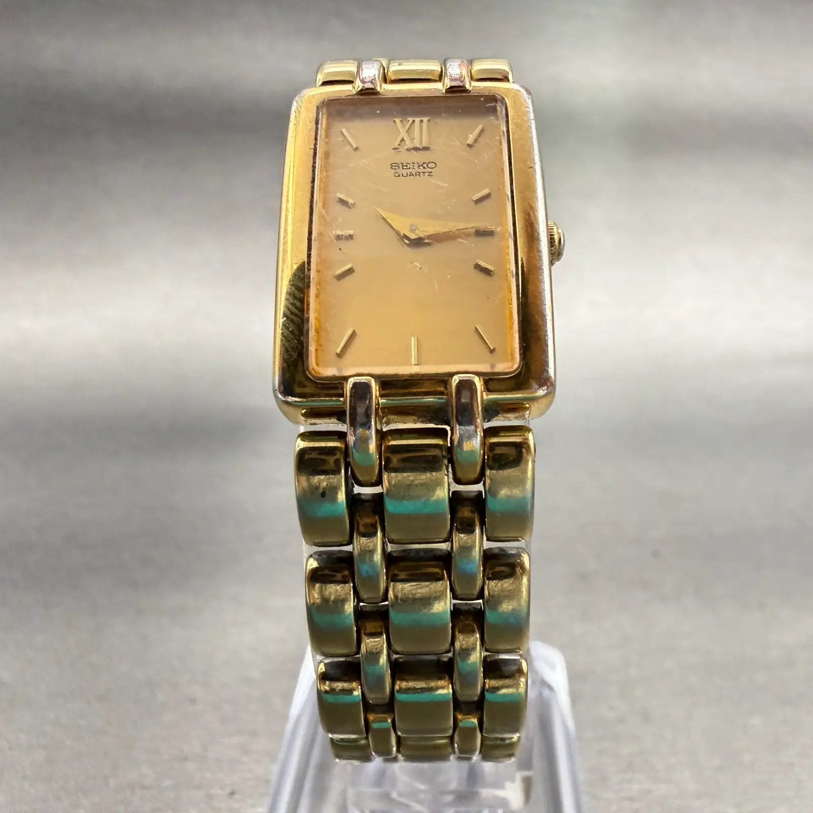 Seiko Watch Women 17mm Gold Dial Gold Tone Rectangle 1N00-6B79 New Battery VTG5
