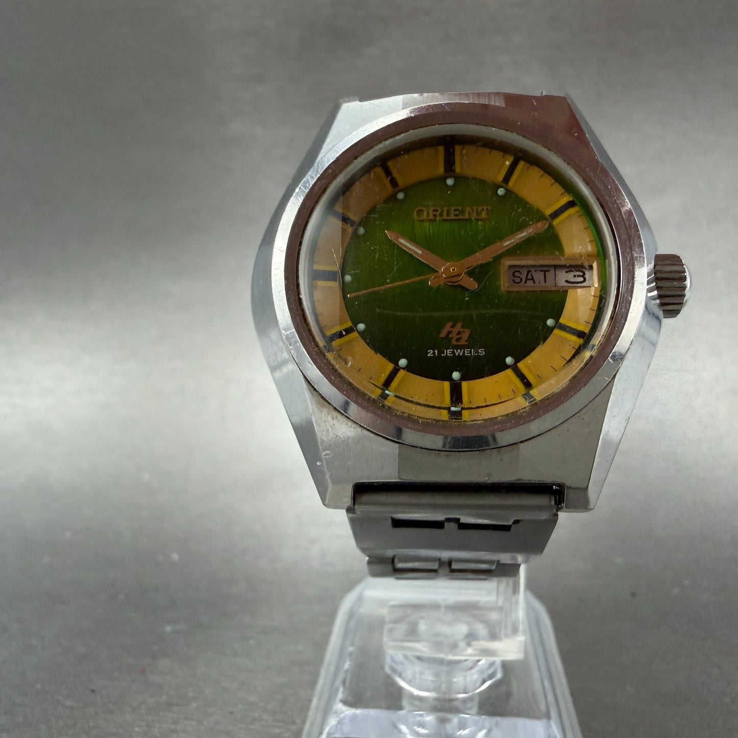 Orient Hi Ace Watch Men 38mm Green Dial Steel Daydate Round Automatic Runs VTG5