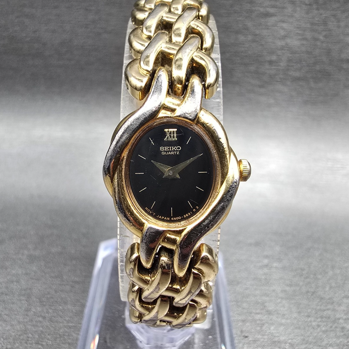 Seiko Watch Women 18mm Black Dial Gold Tone Oval 4N00-F080 New Battery Vintage0