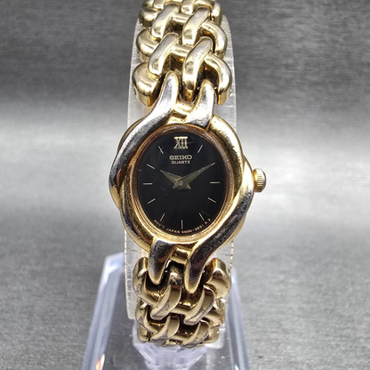 Seiko Watch Women 18mm Black Dial Gold Tone Oval 4N00-F080 New Battery Vintage0