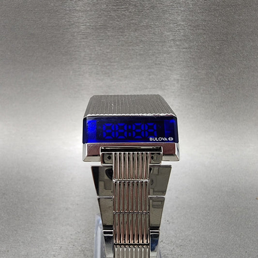 Bulova Computron Watch Men 31mm Blue LED Silver Tone Rectangle 96C139 PARTS0