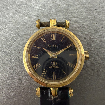 Gucci 2000L Watch Women 22mm Black Dial Gold Plated Round New Battery VTG LKASDT1