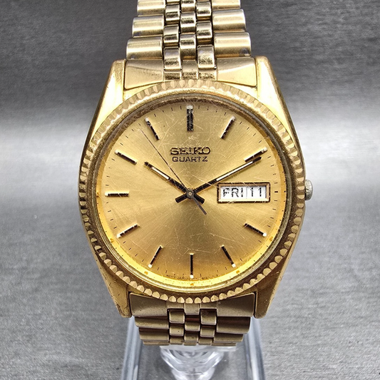 Seiko President Watch Men 35mm Gold Dial Gold Tone Daydate 7N43-8111 New Battery0