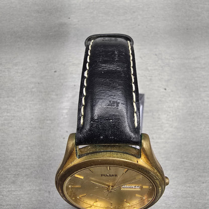 Seiko Pulsar Watch Men 37mm Gold Dial Gold Tone Daydate Round V733-X061 New Batt4