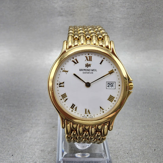 Raymond Weil Watch Men 33mm White Dial Gold Plated Date Round 5568 New Battery0