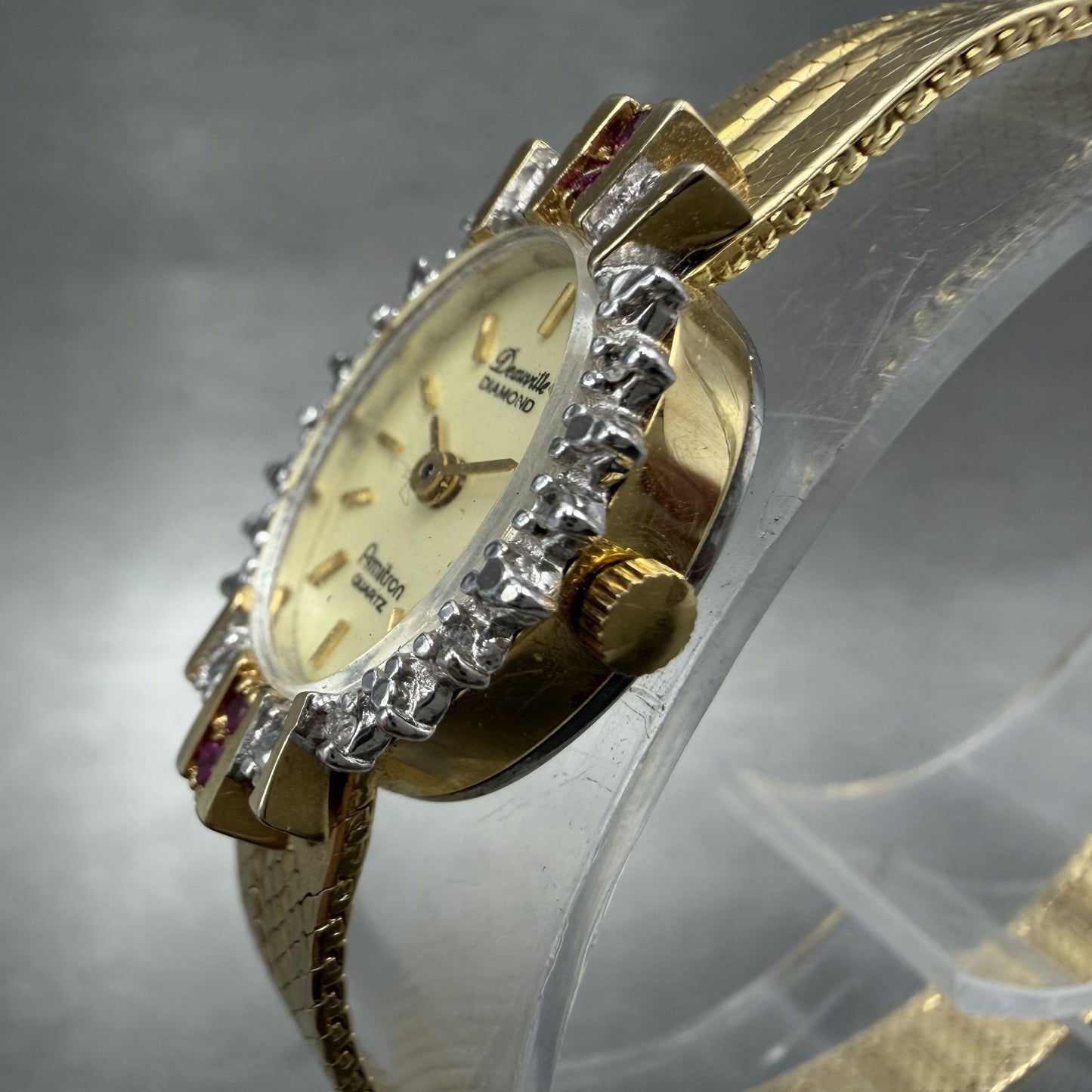 Armitron Deauville Diamond Watch Women 15mm Gold Dial Gold Ruby Oval New Battery2