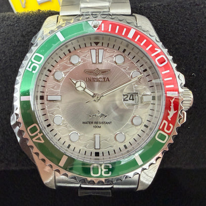 Invicta Pro Diver Watch Men 43mm Silver Dial Steel Date Round Red Green 447141