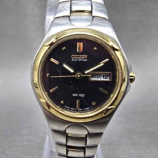 Citizen Eco-Drive Watch Women 25mm Black Dial Two Tone Daydate E001-K17578 Runs0