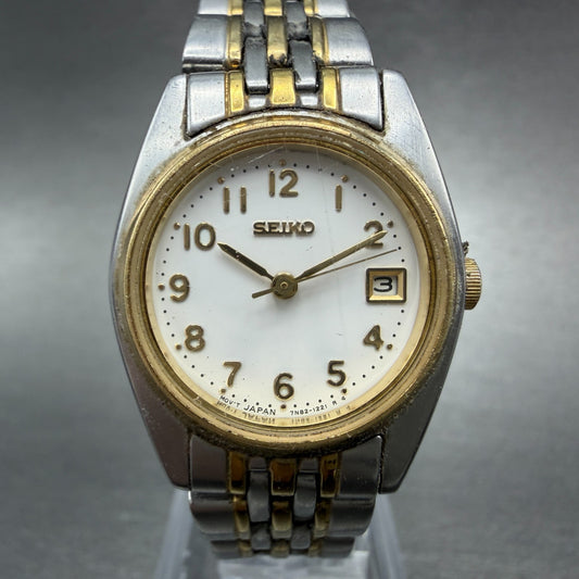 Seiko Watch Women 24mm White Dial Two Tone Date Round 7n82-6001 New Battery VTG0
