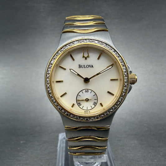 Bulova Watch Women 29mm MOP Dial Two Tone Diamond Bezel Round 98W12 New Battery0